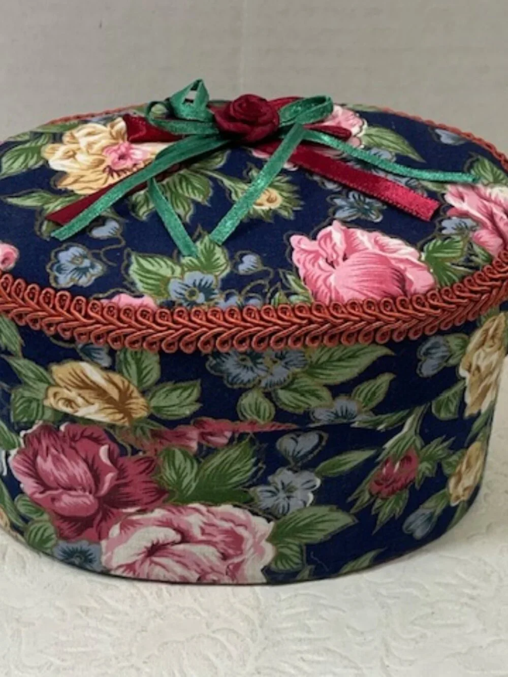 VTG Oval 2-Piece Floral Padded Fabric-Covered Storage Trinket Sewing JewelryBox